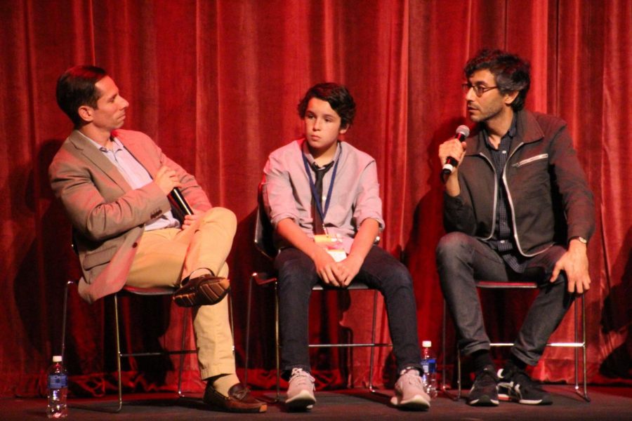 Rain Baharani, director and co-writer of 99 Homes, and Noah Lomax, actor in 99 Homes, answer questions during the Q and A section of the screening of 99 Homes at The Virginia Theater on April 18, 2014.