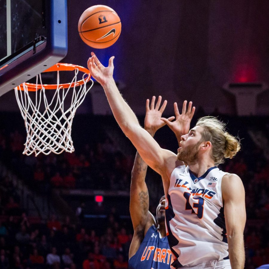 Illinois forward Michael Finke goes up for a layup during the game against Tennessee-Martin at State Farm Center on Nov. 12. Finke is one of only two upperclassmen to return this season, and is one of the team’s best shooters, consistent in his success from the 3-point line.