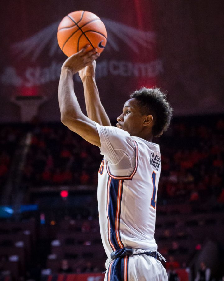 Illinois guard Trent Frazier shoots a three during the game against DePaul at State Farm Center on Friday, Nov. 17, 2017.