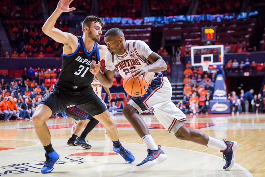 Illinois guard Aaron Jordan (23) drives to the basket during the game against DePaul at State Farm Center on Friday, Nov. 17, 2017.