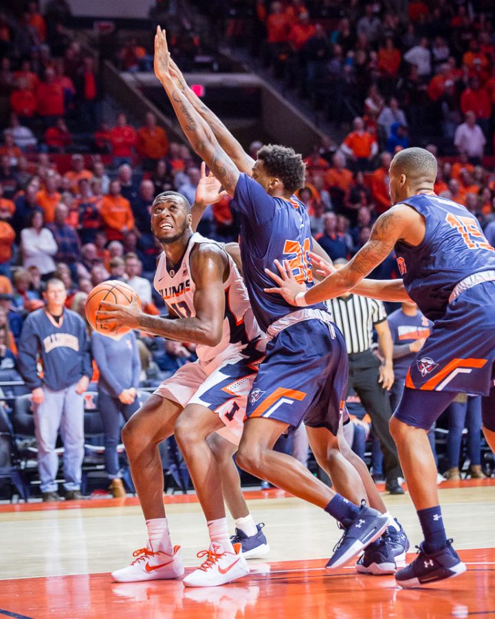 Illinois forward Leron Black (12) looks to shoot the ball during the game against Tennessee-Martin at State Farm Center on Sunday, Nov. 12, 2017. The Illini won  77-74.