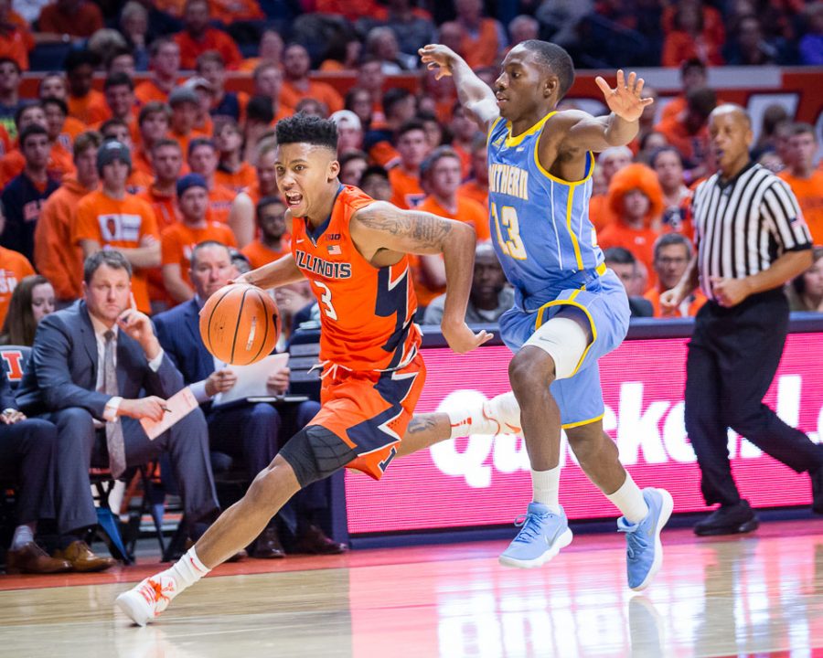 Illinois+guard+TeJon+Lucas+%283%29+drives+to+the+basket+during+the+game+against+Southern+at+State+Farm+Center+on+Friday%2C+Nov.+10%2C+2017.