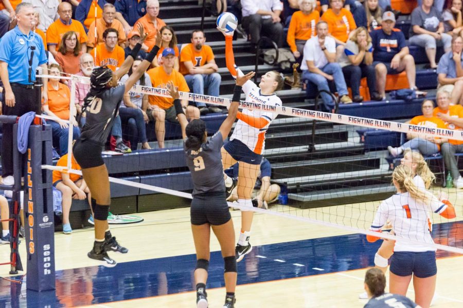 Illinois+middle+blocker+Ali+Bastianelli+%285%29+hits+the+ball+during+the+match+against+Purdue+at+Huff+Hall+on+Oct.+6.+The+Illini+are+matching+up+against+Hawaii+in+this+year%E2%80%99s+NCAA+Tournament.