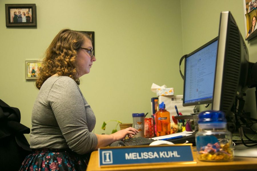 Melissa Kuhl, publicity specialist, working at the Illinois Extension office on Nov. 10, 2017.
