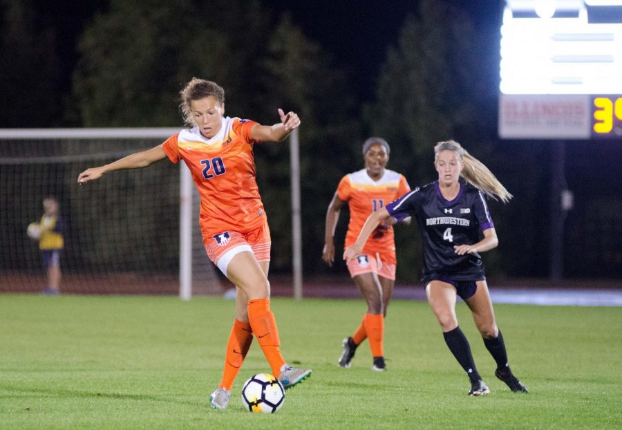 Senior forward Kara Marbury uses her footwork to advance the ball into Northwestern territory. The Illini won the matchup against the Wildcats 1-0, but that would be the Illini’s last win of the season, ending it with a four-game losing streak.