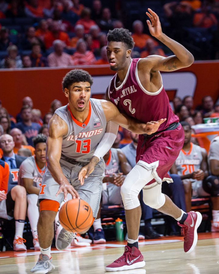 Illinois guard Mark Smith (13) drives to the basket during the game against North Carolina Central at State Farm Center on Friday, Nov. 24, 2017.