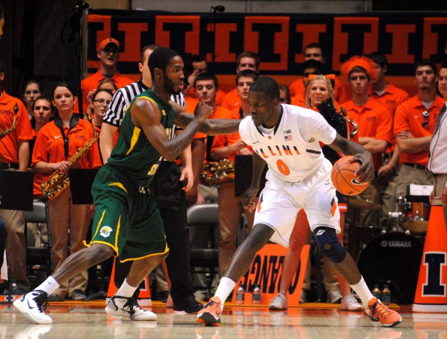 Sam McLaurin posts up during the game against Norfolk State at Assembly Hall Tuesday night, December 11, 2012. 
