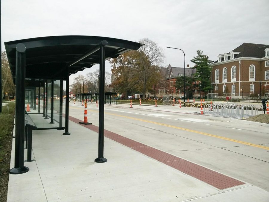 The long-lasting construction on Green Street has begun to clear up, revealing new bus stops in front of the Union on Nov. 17, 2017.