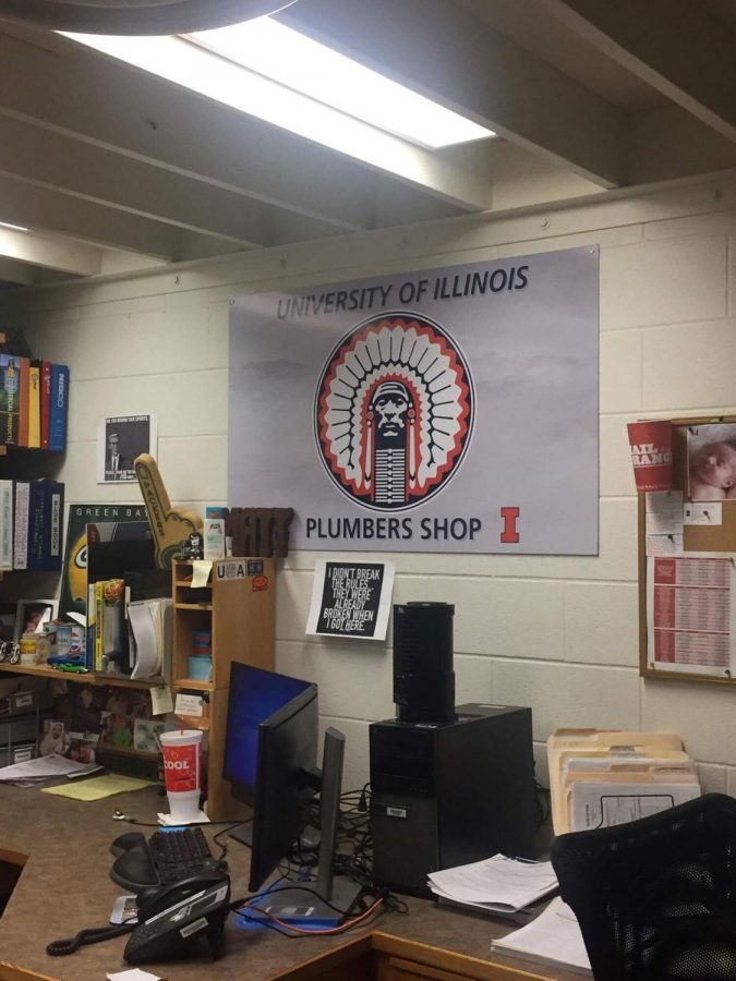 The Plumbers Shop in the University of Illinois Facilities & Services building, 1501 S. Oak St. in Champaign. The Illinois Student Government passed a resolution on Wednesday to remove Chief Illiniwek symbols from all University buildings.