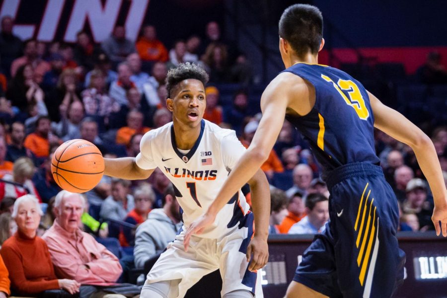 Illinois guard Trent Frazier looks for an open man during the game against Augustana on Nov. 22. The team under Brad Underwood hasn’t performed quite as was anticipated. 