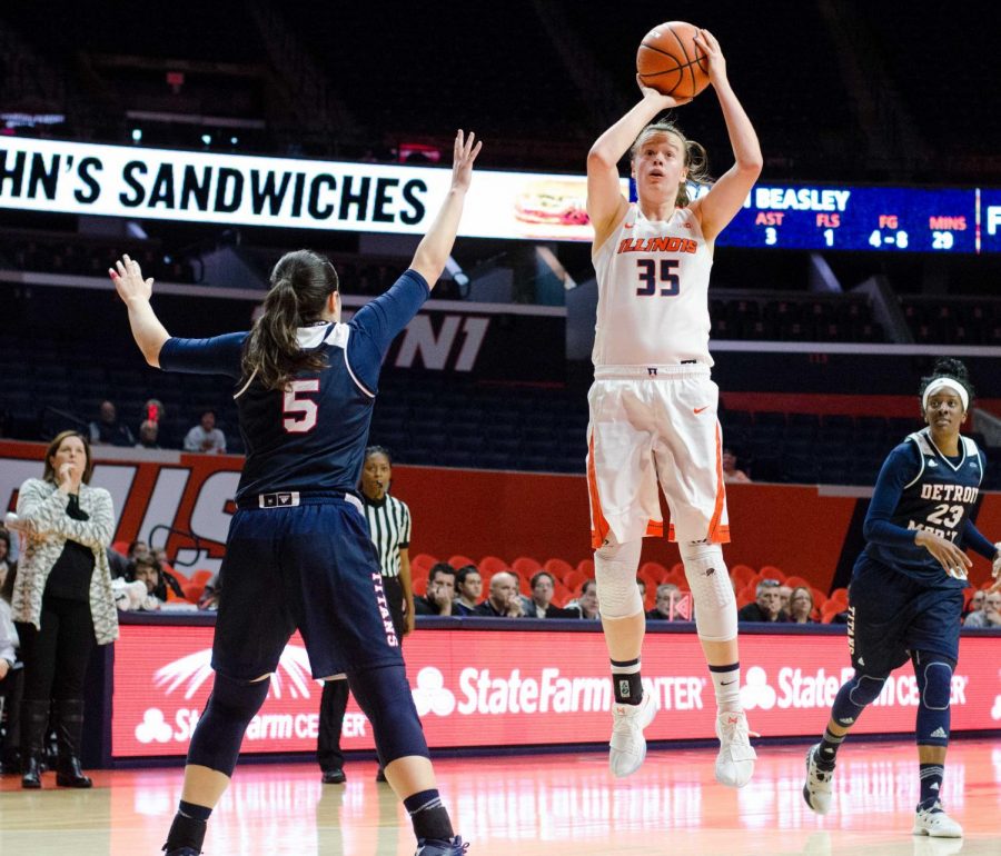 Alex Wittinger takes a shot for Illinois in their 73-65 win over Detroit Mercy on Dec. 10, 2017. The season hasn’t gone as well as planned, with the team most recently sustaining a tough loss to Nebraska on Wednesday. Illinois’ record is now 9-10.