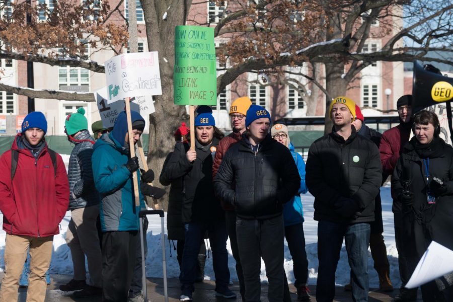 Graduate employees protest for a fair contract at the Alma Mater on Jan. 18. The Graduate Employees’ Organization began bargaining with the University on March 30. Graduate employees are now over 160 days without a contract.