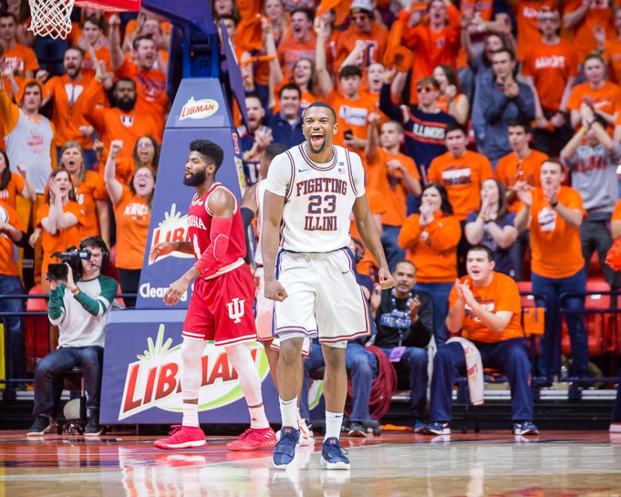 Illinois guard Aaron Jordan (23) celebrates during the game against Indiana at State Farm Center on Wednesday, Jan. 24, 2018.