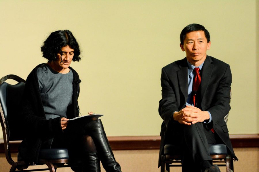 California Supreme Court Justice Goodwin Liu speaks with student and Prof. Suja Thomas at the Illini Union on Apr. 18, 2017. 
