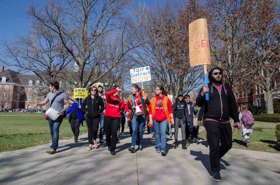 GEO members protesting on the Main Quad during the first day of their strike on Monday.