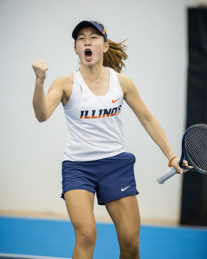 Illinois+Emilee+Duong+celebrates+after+winning+her+singles+match+against+Texas+at+Atkins+Tennis+Center+on+Friday%2C+Feb.+2%2C+2018.+Duong+won+her+singles+match+6-3%2C+6-2%2C+and+the+Illini+won+4-2.