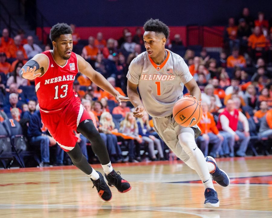 Illinois guard Trent Frazier  drives to the basket during the game against Nebraska at the State Farm Center on Sunday, Feb. 18.