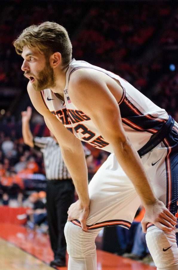 Illinois forward Michael Finke catches his breath near the sideline during the team’s 62-58 victory over Grand Canyon on Dec. 30. Finke is averaging 9.8 points per game this season.