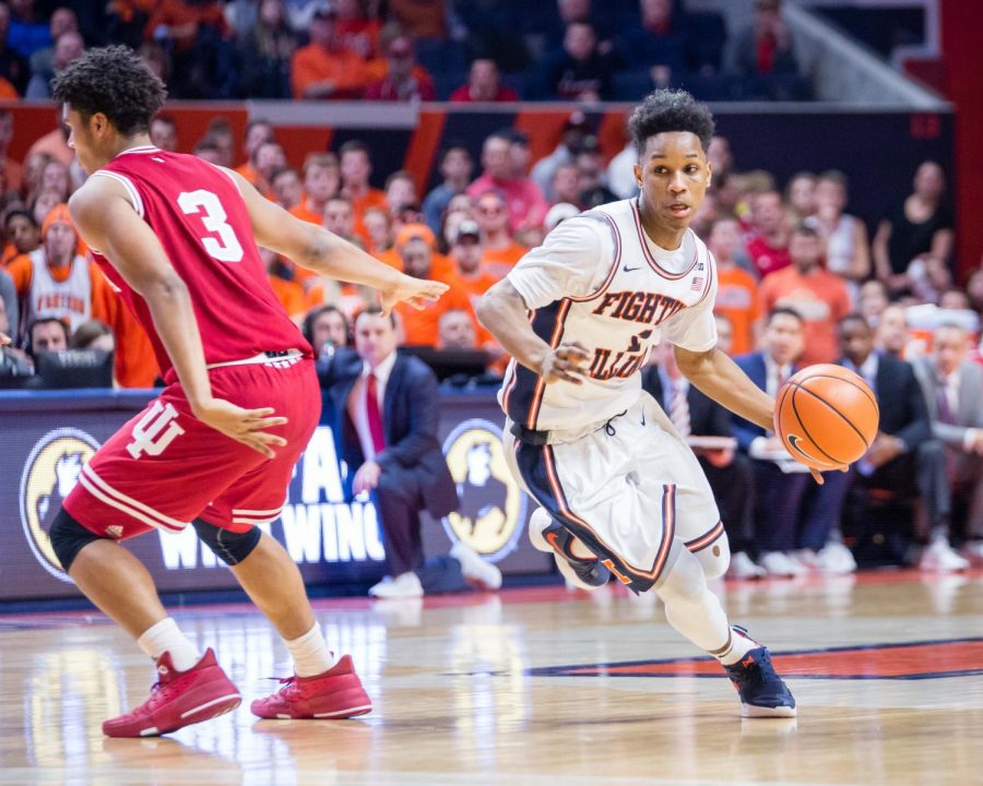 Illinois+guard+Trent+Frazier+%281%29+dribbles+around+his+defender+during+the+game+against+Indiana+at+State+Farm+Center+on+Wednesday%2C+Jan.+24%2C+2018.+The+Illini+won+73-71.