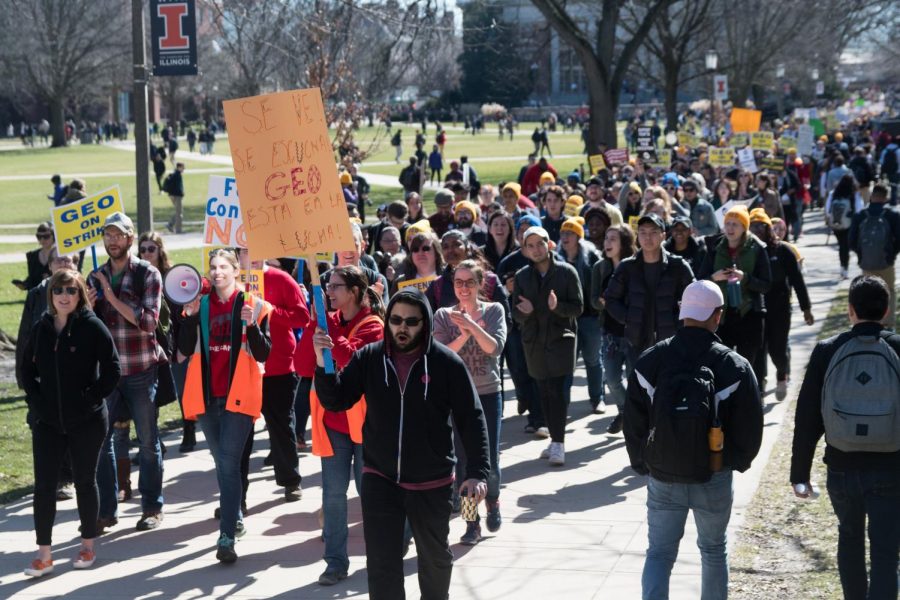 Members of GEO protest on the Main Quad on Feb. 26.