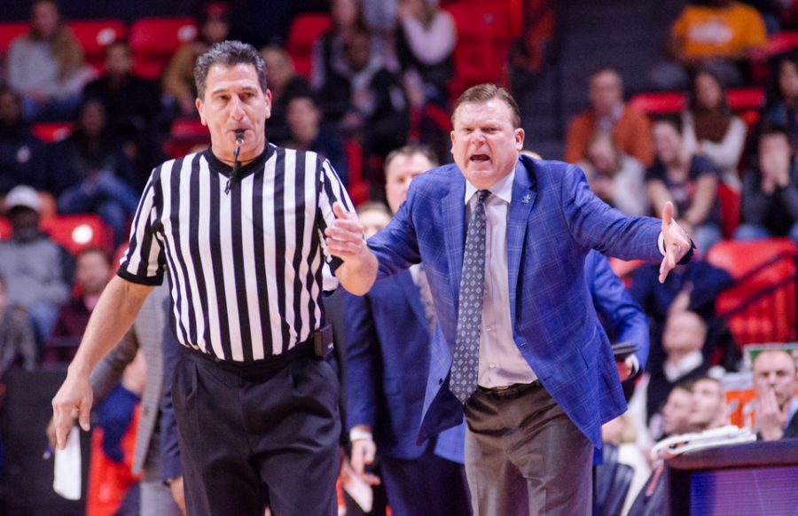 Head Coach Brad Underwood argues with the ref during Illinois 74-52 loss to Penn State on Sunday, February 11.