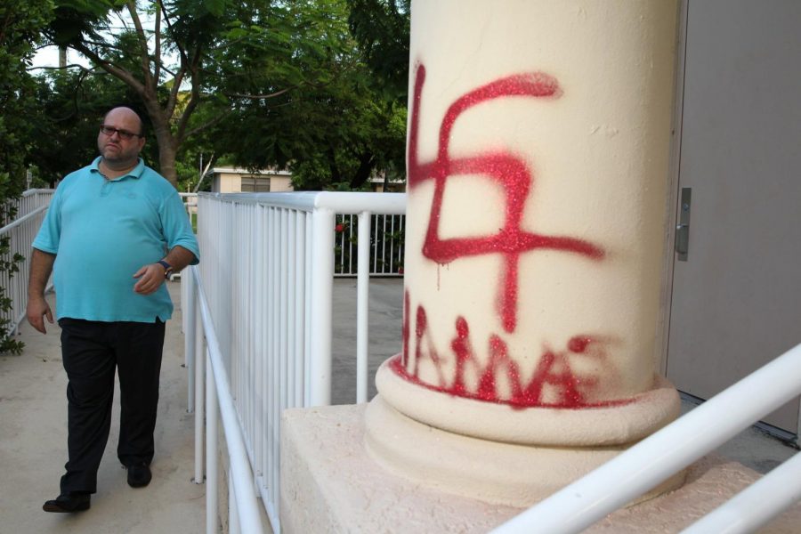 Yona Lunger, who is a part of his neighborhood watch group, was patrolling an area in Northeast Miami-Dade early Monday, July 28, 2014 when he found anti-semitic painting on the Tora V'Emunah temple at 1:30am in Miami, Fla.