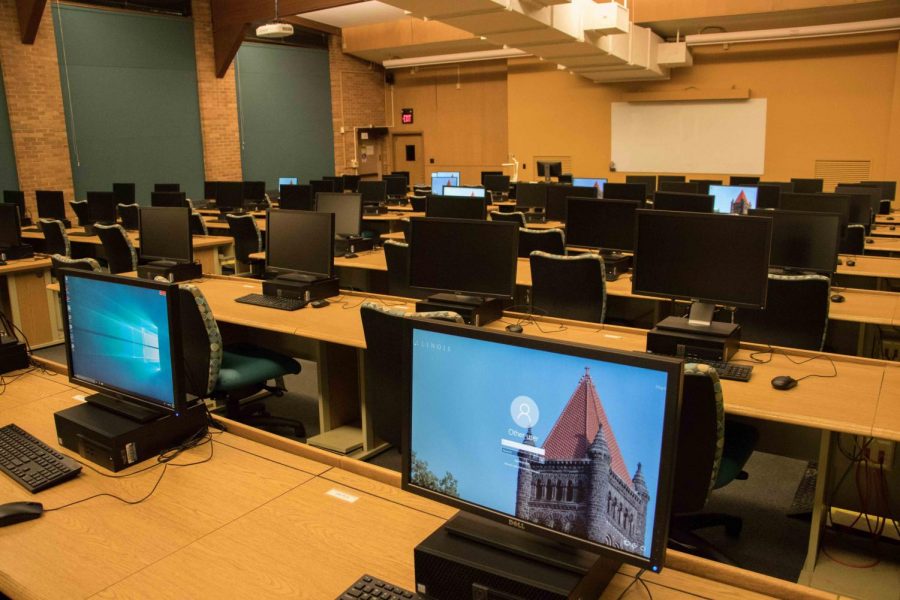 The inside of computer lab located at Oregon Building, where the CS105 lab session is held.