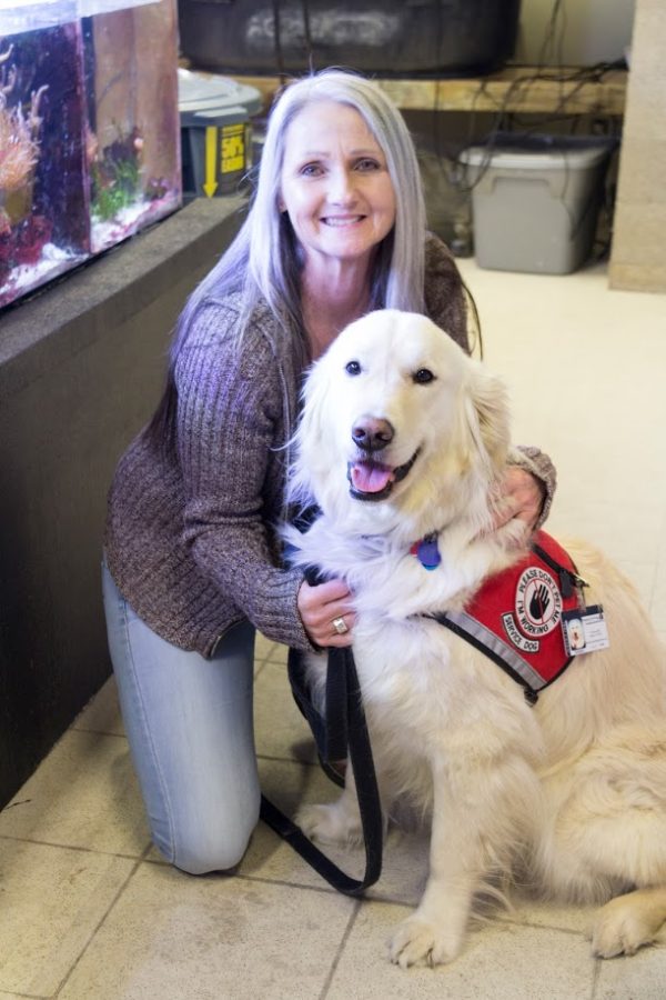 Sampson with his owner at Beckman Institute Marine Lab. Sampson, a trained service dog who works with Joey Ramp, was nominated for the American Humane Hero Dog Award and brings awareness to the impact service dogs have. 