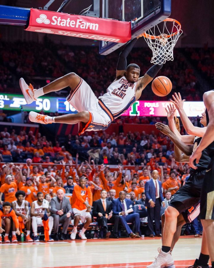 Illinois+forward+Leron+Black+%2812%29+dunks+the+ball+during+the+game+against+Purdue+at+the+State+Farm+Center+on+Thursday%2C+Feb.+22%2C+2018.+The+Illini+lost+93-86.