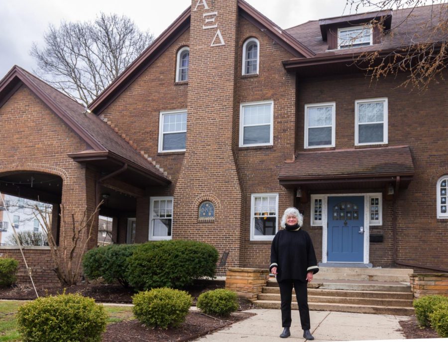 Connie Kelley, house mom for the sorority Alpha Xi Delta, stands in front of the house located at 313 E. Chalmers St. in Champaign.