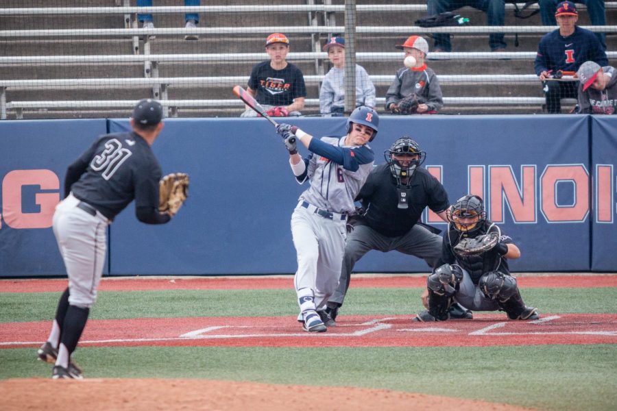 Illinois infielder Michael Massey (6) hits a double to left center field during the game against Grand Canyon at Illinois Field on Saturday, April 21, 2018. The Illini won 3-2.