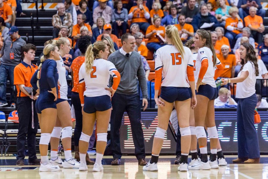 Illinois+head+coach+Chris+Tamas+smiles+at+this+team+during+the+match+against+Michigan+at+Huff+Hall+on+Saturday%2C+Nov.+5%2C+2017.+The+Illini+won+3-2.