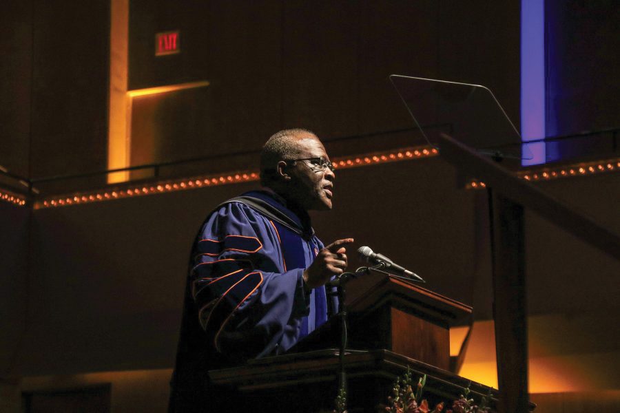Chancellor Robert Jones speaks at the sesquicentennial celebration at the Krannert Center on Feb. 28. Seven University faculty members were awarded  the 2017 Chancellor’s Academic Professional Excellence Award.