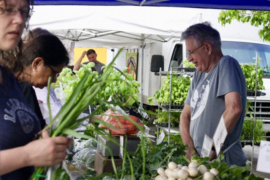 Customers+browse+for+produce+at+the+Blue+Moon+Farms+stand+on+Saturday%2C+May+19.+John+Dunkleberger+has+been+with+Urbanas+Blue+Moon+Farms+since+their+inception.+The+Market+at+the+Square+offers+a+variety+of+locally-grown+produce%2C+handcrafted+products+and+fresh-baked+breads+every+Saturday+from+May+through+October.