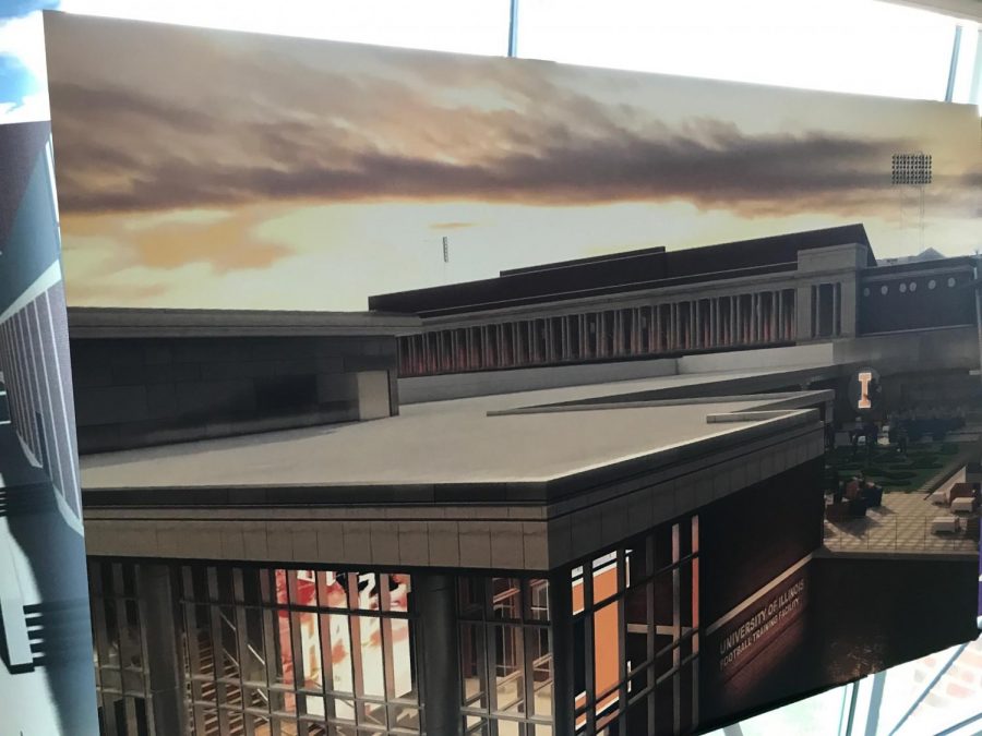 A rendering of the new football practice facility from the northeast perspective, currently under construction on Fourth Street and Peabody Drive. Athletic Director Josh Whitman held a roundtable Wednesday to discuss the construction of new athletic facilities and renovations for current facilities.