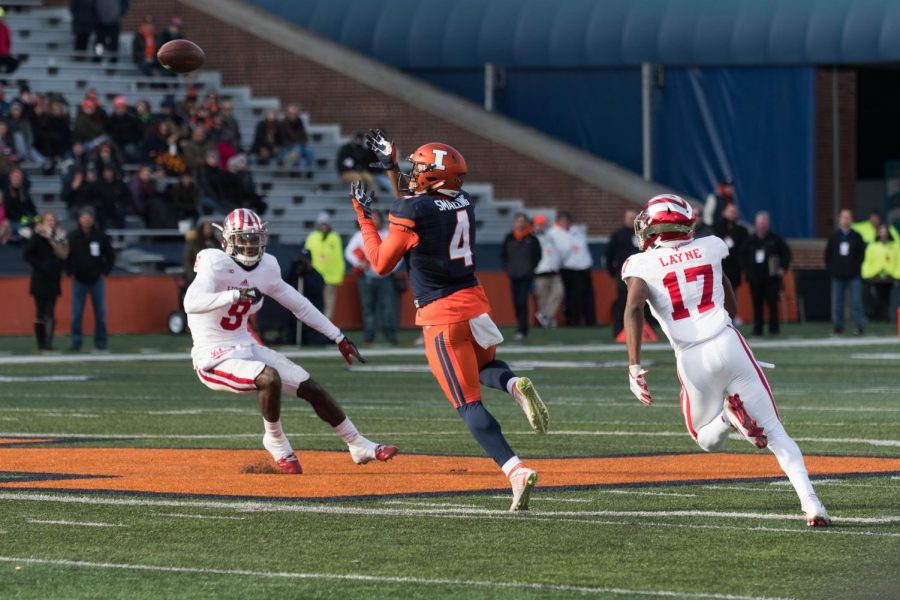 Sophomore wide receiver Ricky Smalling goes up for a catch in the game against Indiana at Memorial Stadium on Nov. 11, 2017. Smalling looks to highlight the Illinois offense this season as it switches to a spread style. Photo by: Quinten Shaw