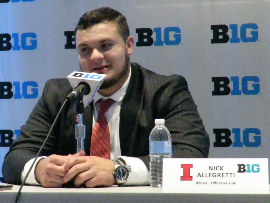 Illinois+offensive+lineman+Nick+Allegretti+addresses+media+at+Big+Ten+Media+Days+on+July+26+in+Chicago.+Allegretti+looks+to+set+an+example+for+his+teammates+as+a+leader+and+continue+to+give+back+to+his+community.