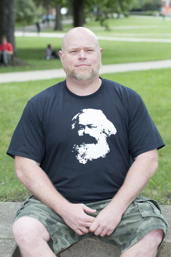 Taken outside the quad Monday, Sept. 10th 2018, this is a portrait of Chris Miner who is a volunteer at FirstFollowers