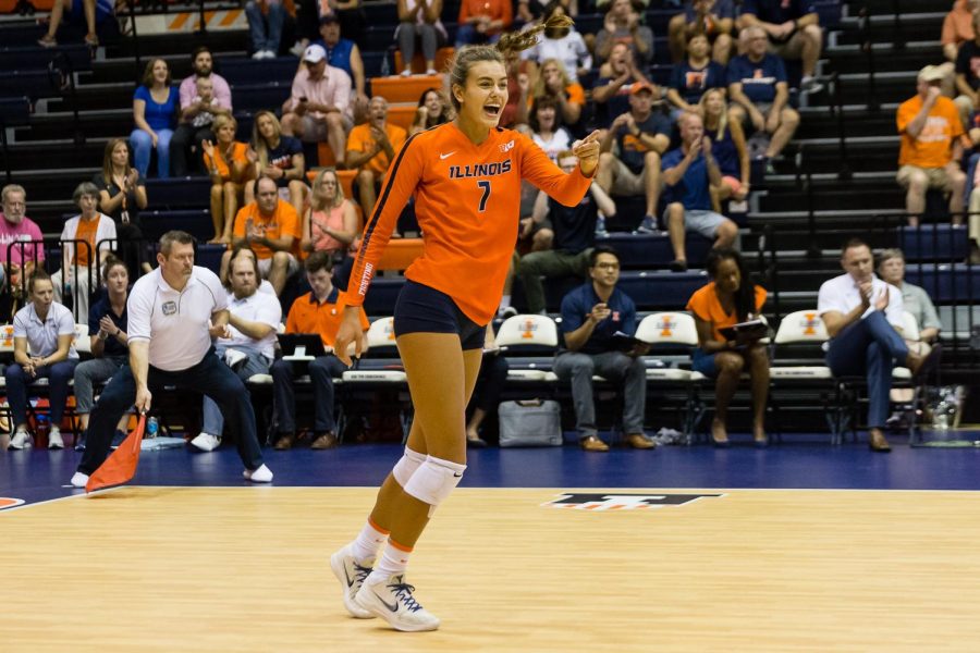 Illinois outside hitter Jacqueline Quade (7) celebrates during the match against Northern Iowa at Huff Hall on Sept. 14, 2018. The Illini won 3-0.