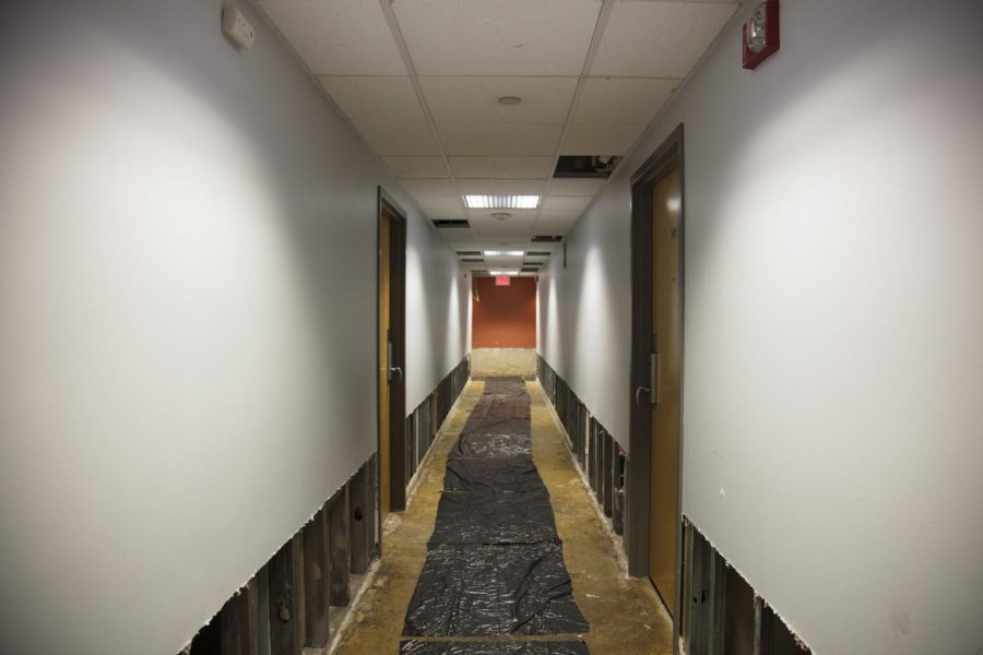 Water damage on the second floor of Illini Tower on Oct. 11. The first to fourth floors of the residence hall were flooded on Sept. 25 by a sprinkler in one of the apartments. 