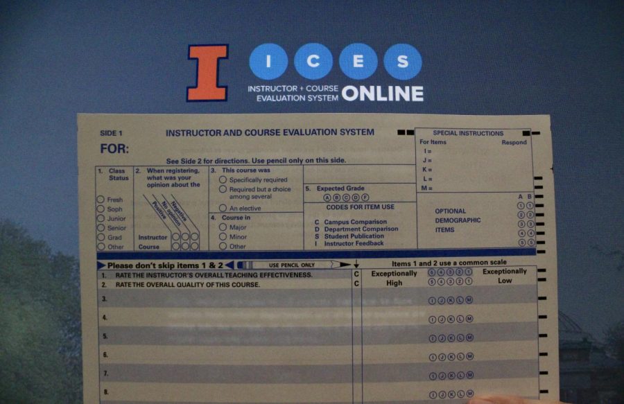 A standard hard copy of a course evaluation form provided by Eric Keely, assistant director of measurement and evaluation at the Center for Innovation in Teaching & Learning, and Rajat Chadha, measurement specialist at CITL, in the Armory on Thursday.