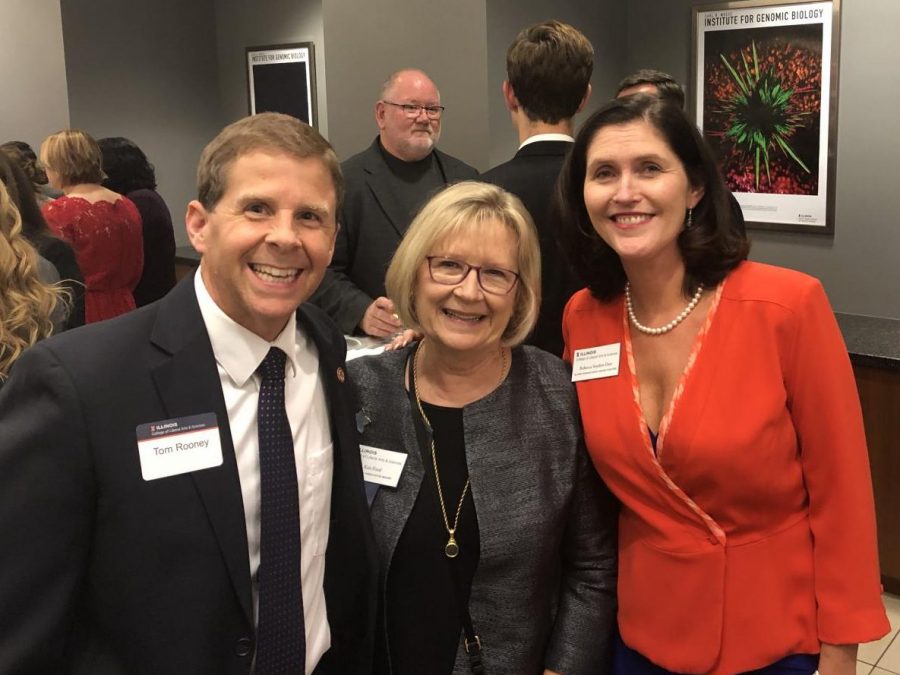 Senator Tom Rooney, Kris Ford (College of LAS alumna) and Rebecca Snyder Darr (2018 LAS Alumni Humanitarian Award recipient) pose for a photo at the LAS Alumni Awards Ceremony on Oct. 11, 2018. Darr was honored for her work as the CEO of WINGS, a program dedicated to providing a safe space to victims of domestic abuse.