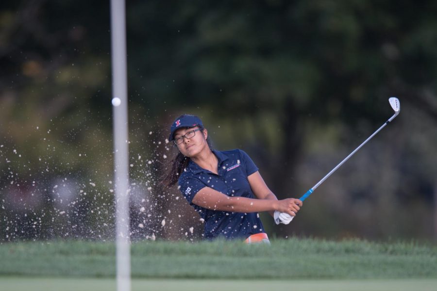 Sophomore Crystal Wang hits the ball at the Illini Womens Invite at Medinah on Oct. 10, 2018. The Illini are headed to Wilmington, North Carolina, for the Landfall Tradition this weekend. 