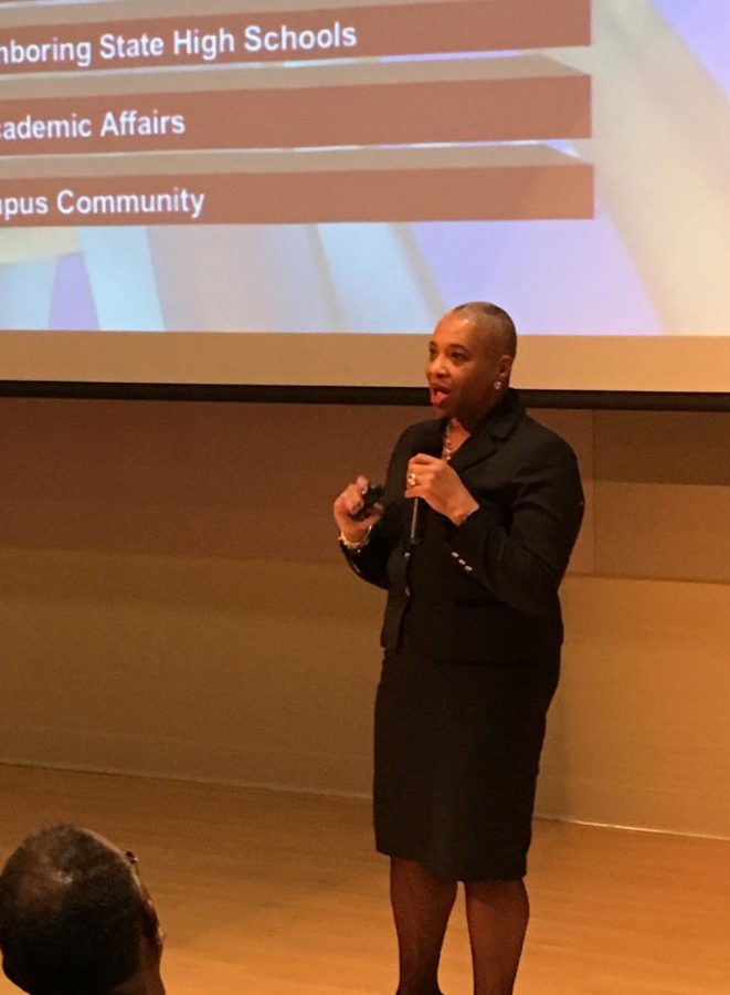 Finalist Karen Jones, chief diversity officer from Buffalo State College, presented her speech at the Spurlock Museum.