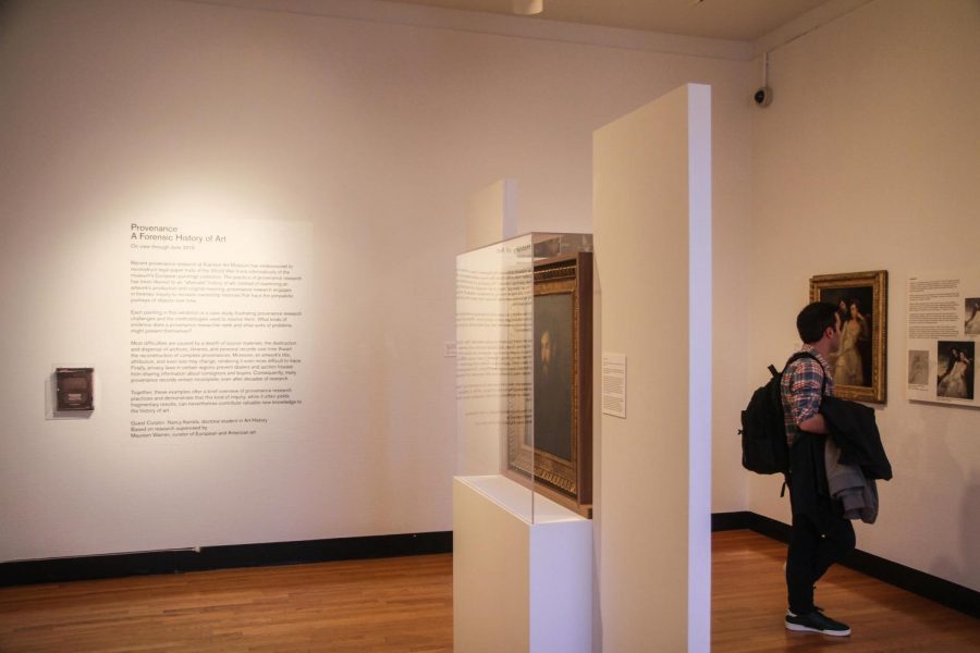 The provenance exhibit at the Krannert Art Museum. Nancy Karrels proposed the idea for a provenance research project two years ago and has been conducting research for the exhibit that opened in May of 2017. 