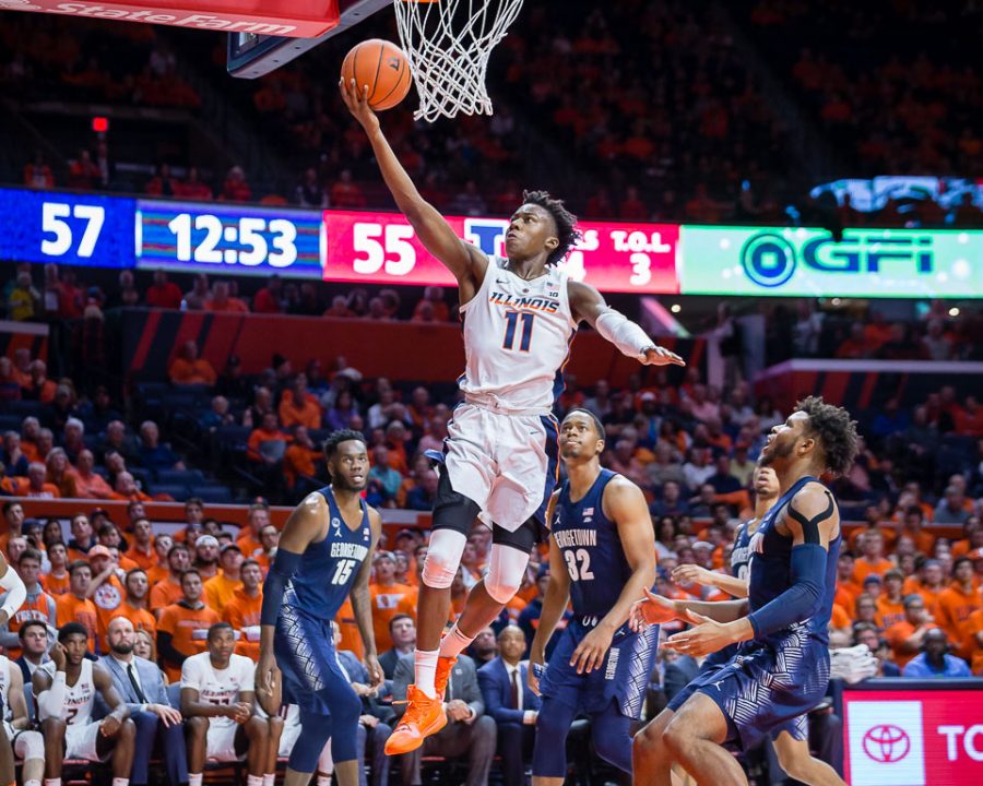 True freshman point guard Ayo Dosunmu jumps for a layup during the game against Georgetown at the State Farm Center Tuesday. Dosunmu finished with 25 points as the Illini lost 88-80.