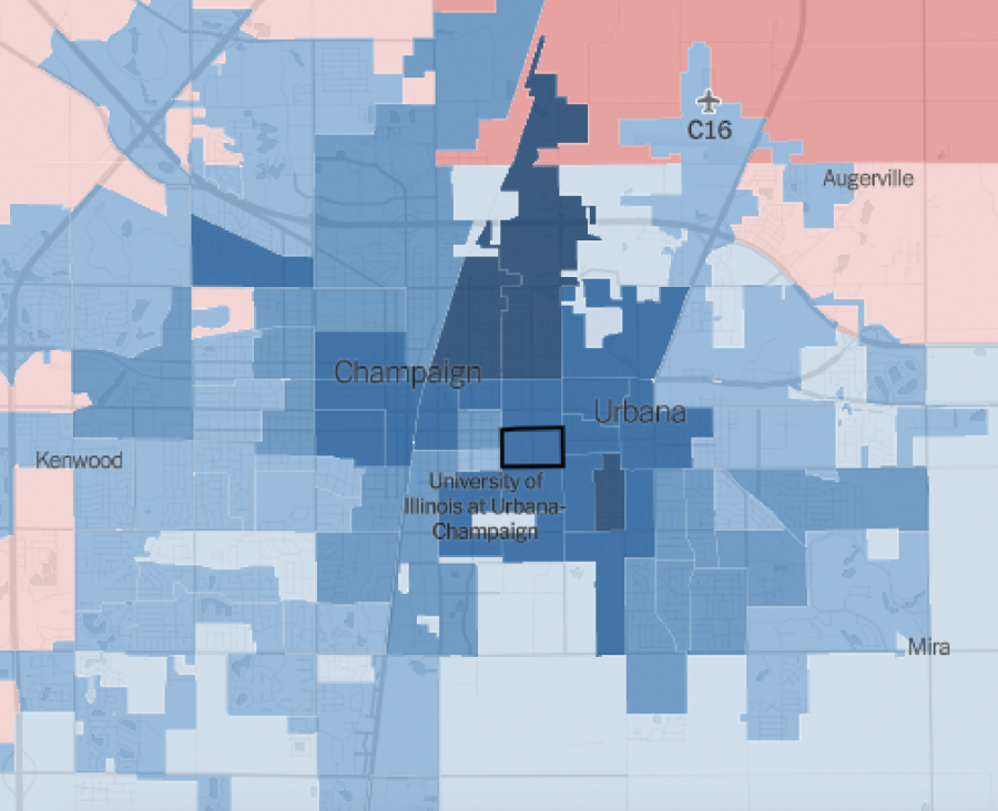 The maps compare Champaign County and the Chicago area during the 2016 presidential election. Blue represents the precincts where Hillary Clinton, the Democratic candidate, won, while red represents the precincts where Donald Trump, the Republican candidate and current president of the United States, won.