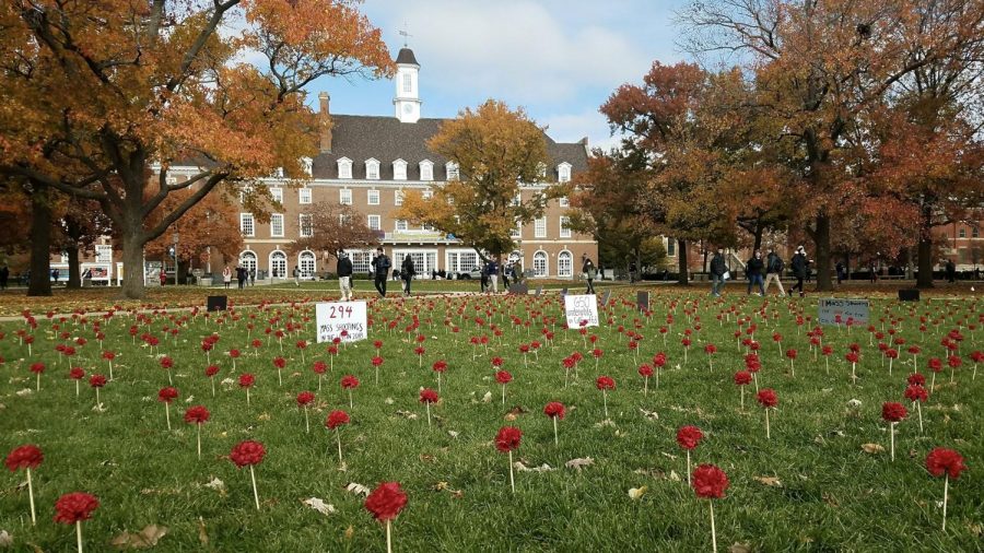 Carnations lined up on the main quad to raise awareness for gun violence on November 8th, 2018. 