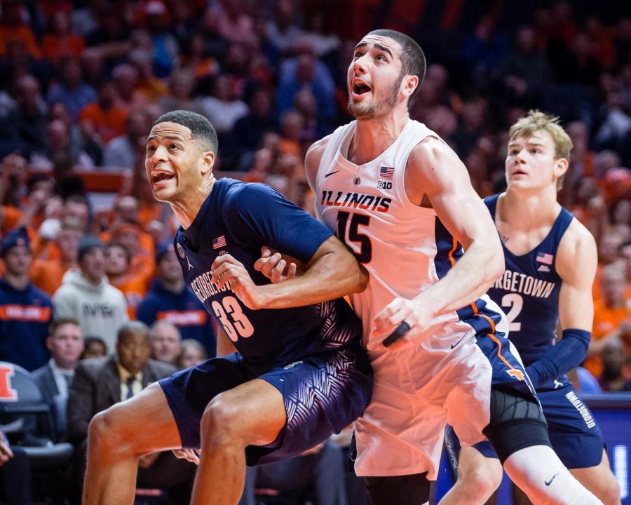 Illinois+forward+Giorgi+Bezhanishvili+fights+for+position+to+rebound+a+free+throw+during+the+game+against+Georgetown+at+the+State+Farm+Center+on+Nov.+13.+The+Illini+lost+88-80.