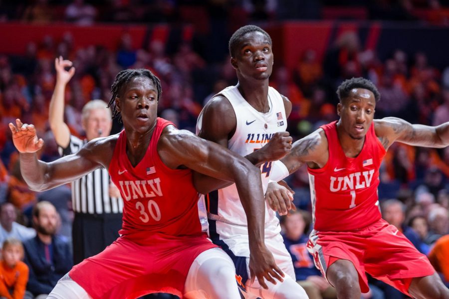 Illinois center Samba Kane fights for a position to rebound a free throw during the game against UNLV at the State Farm Center on Saturday. The Illini won 77-74.